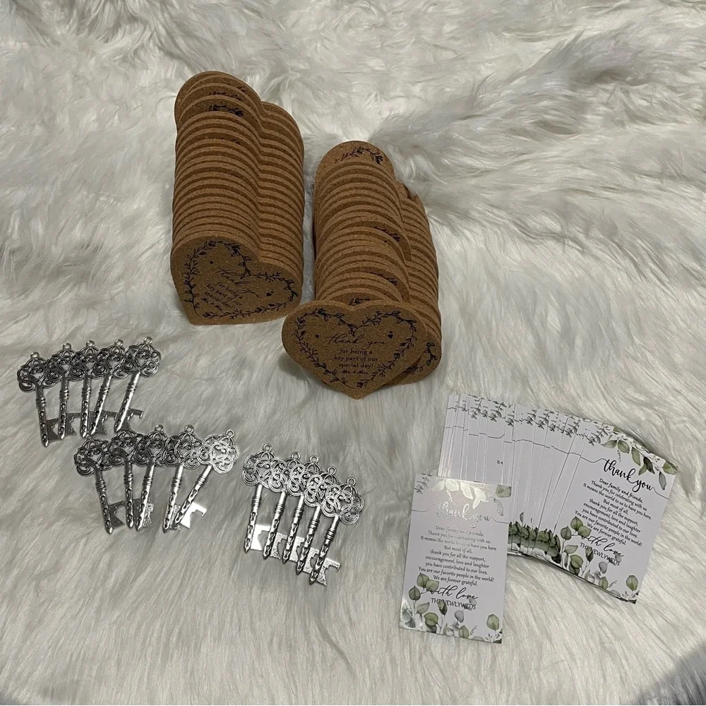 Heart-Shaped Brown Coasters with Silver Key Bottle Openers - Picture 1 of 5